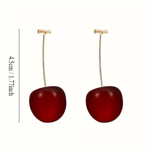 NEW Long Cherry Drop Earrings – Cute Red Fruit Dangle Statement Jewelry - Picture 4 of 4